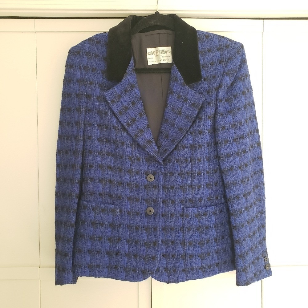 Jaeger London Blazer Jacket Blue Black Patterned‎ Velvet Trim Cobalt